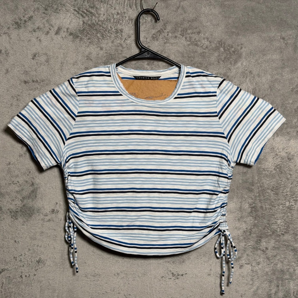 Veronica Beard Jeans T-Shirt Women Large White Blue Striped Ruched Side Tie Tee